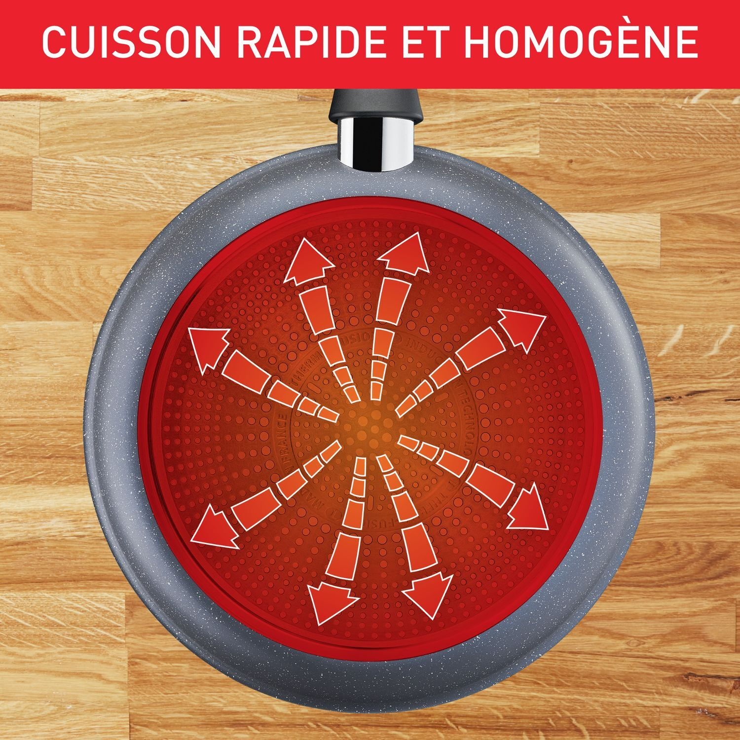 Une poêle avec un élément chauffant circulaire rouge, avec des flèches, sur une surface en bois.