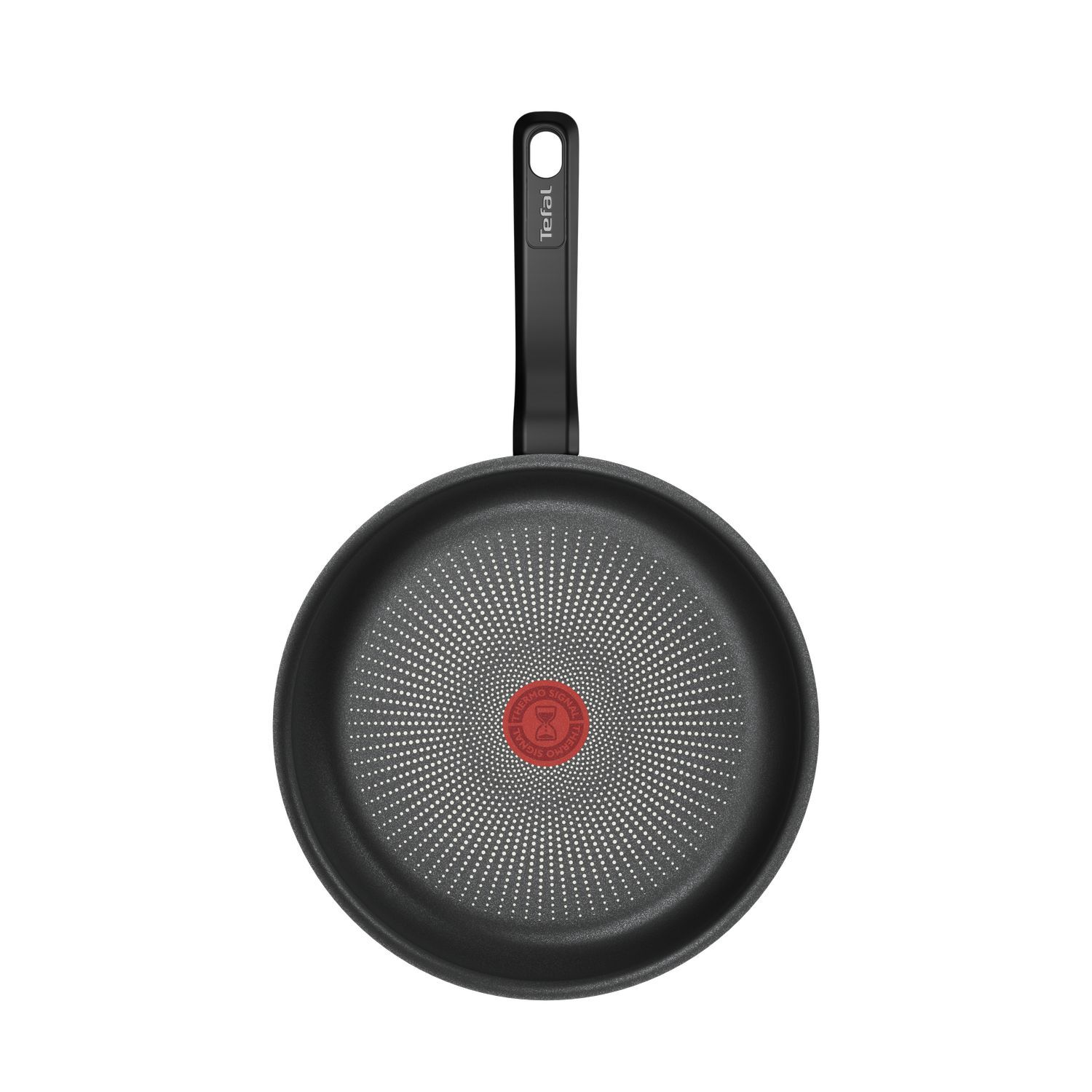 Black Tefal pan with a handle, top view. Red circle in the center.