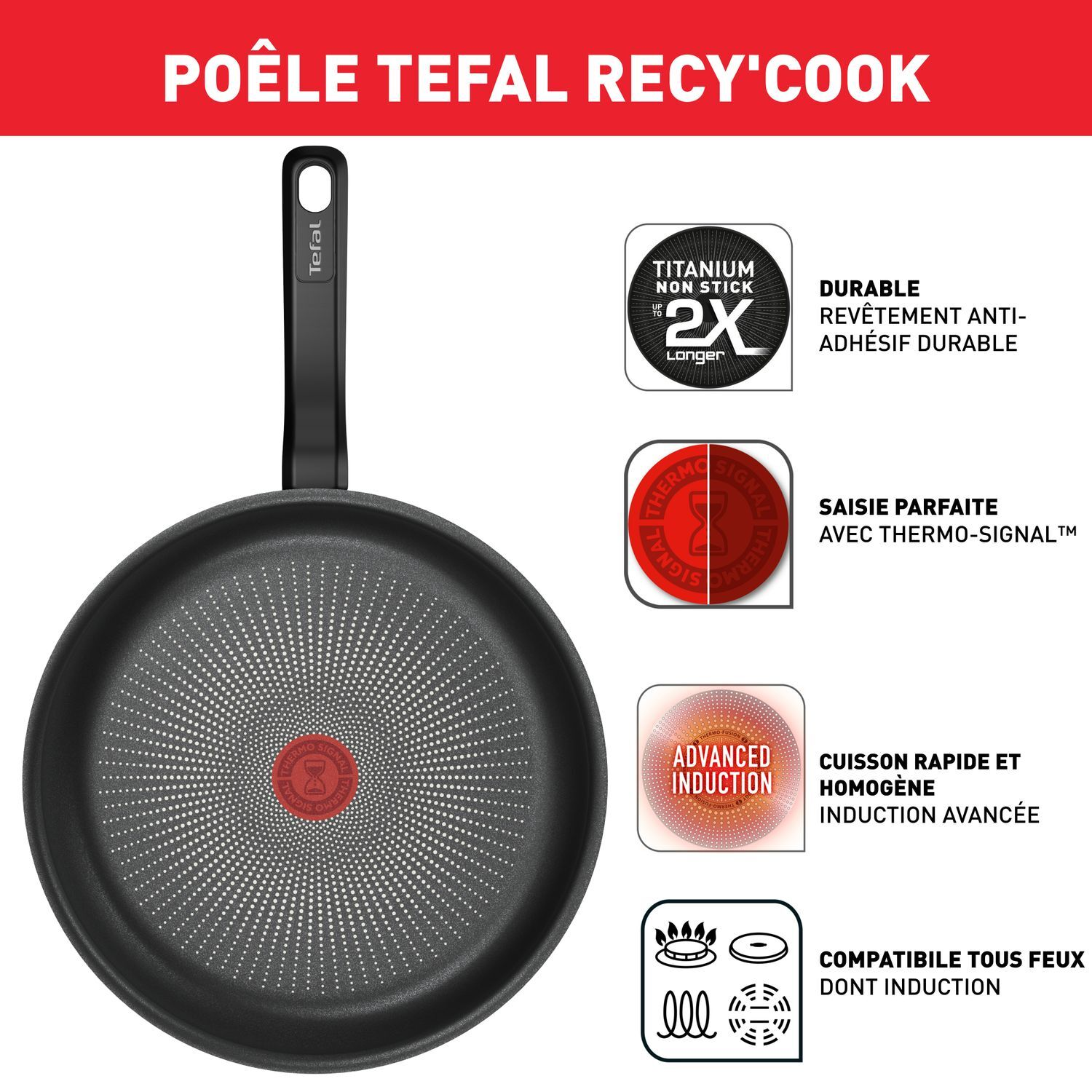 Poêle Tefal avec Thermo-Signal rouge au centre.