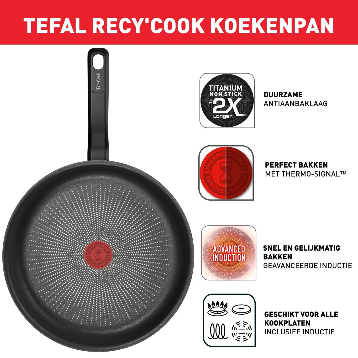 A black frying pan with a black handle, and text and icons on the pan's surface.