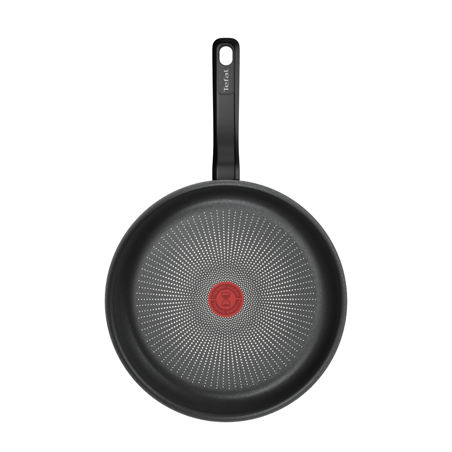 A black non-stick frying pan with a red center and a black handle.