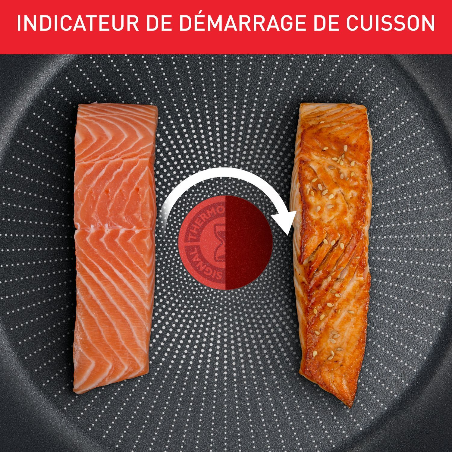 Saumon cuisant dans une poêle, montrant le changement de couleur. La poêle a un indicateur Thermo-signal.