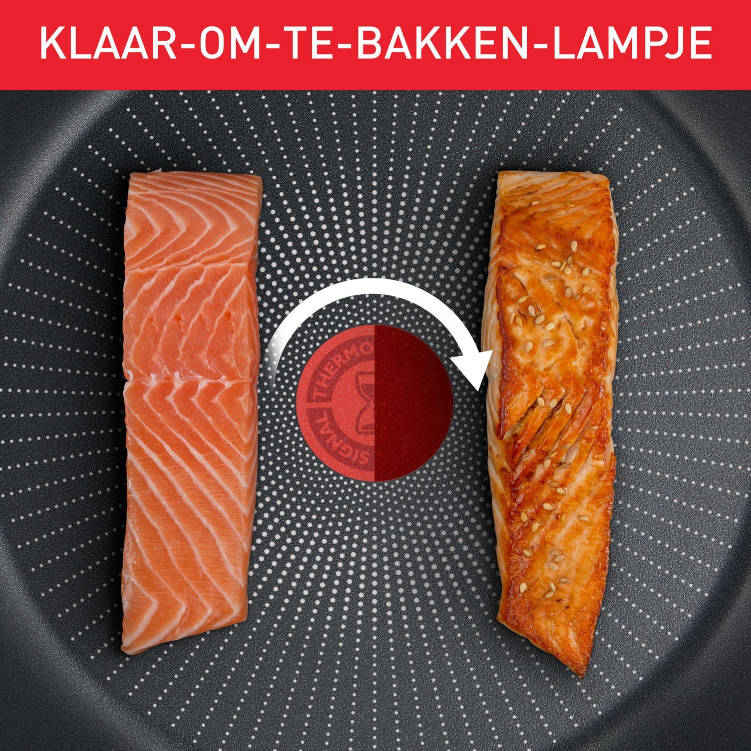 Salmon in a pan before and after cooking. The pan shows a Thermo-Signal indicator.