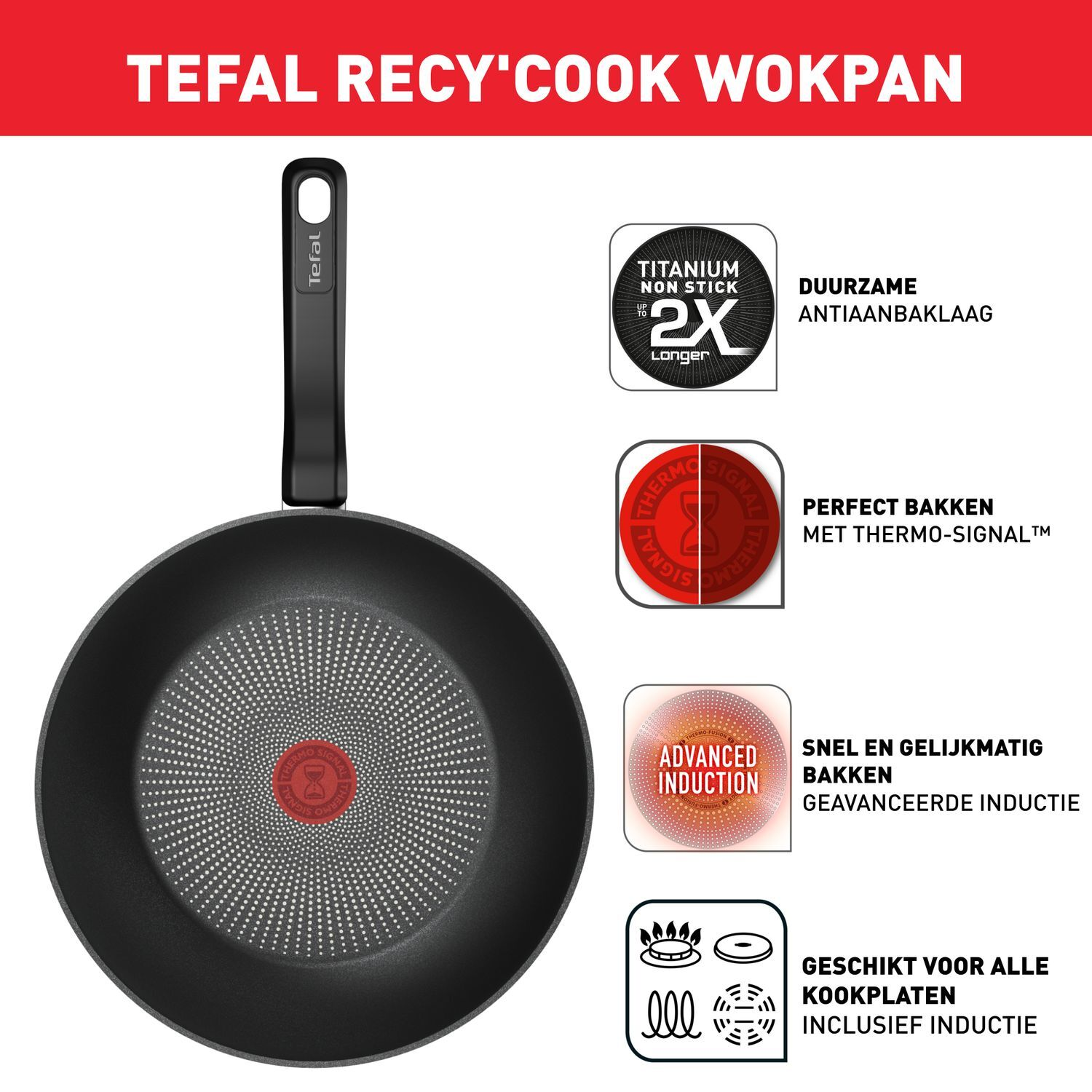 A black Tefal Recy'Cook wok pan with a black handle. It has a red Thermo-Signal circle in the middle.