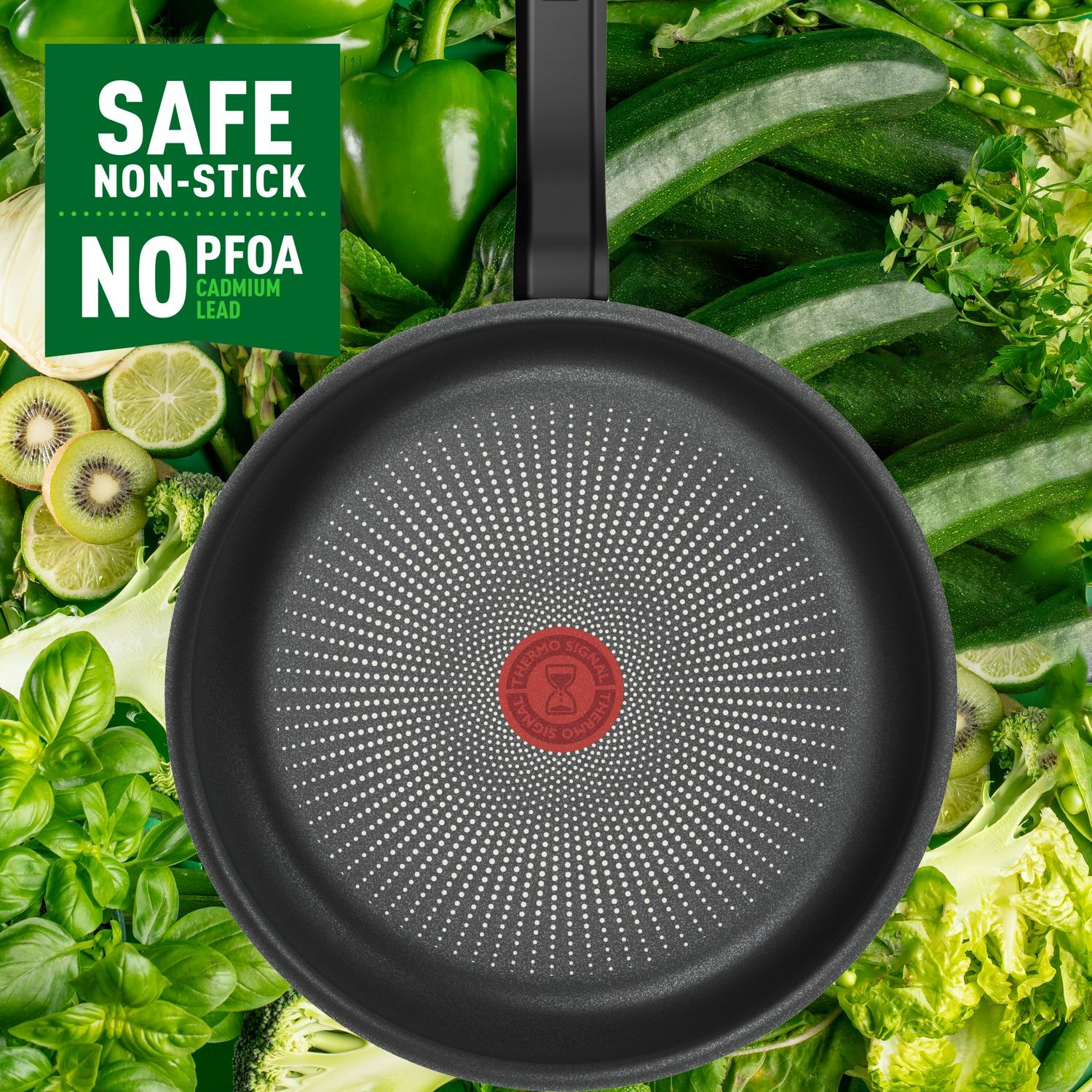 A black frying pan with a red circle in the center. The pan is surrounded by fresh vegetables and herbs.