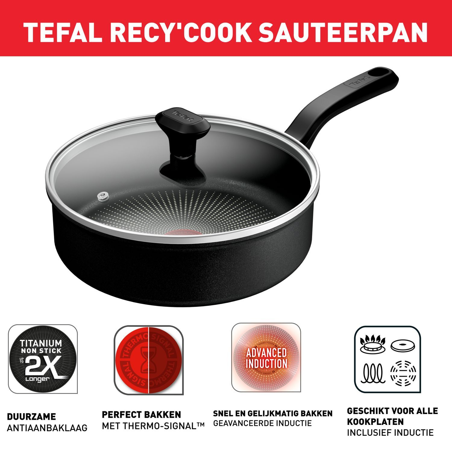 Black frying pan with a glass lid, handle on the right, and icons with text on the bottom left.