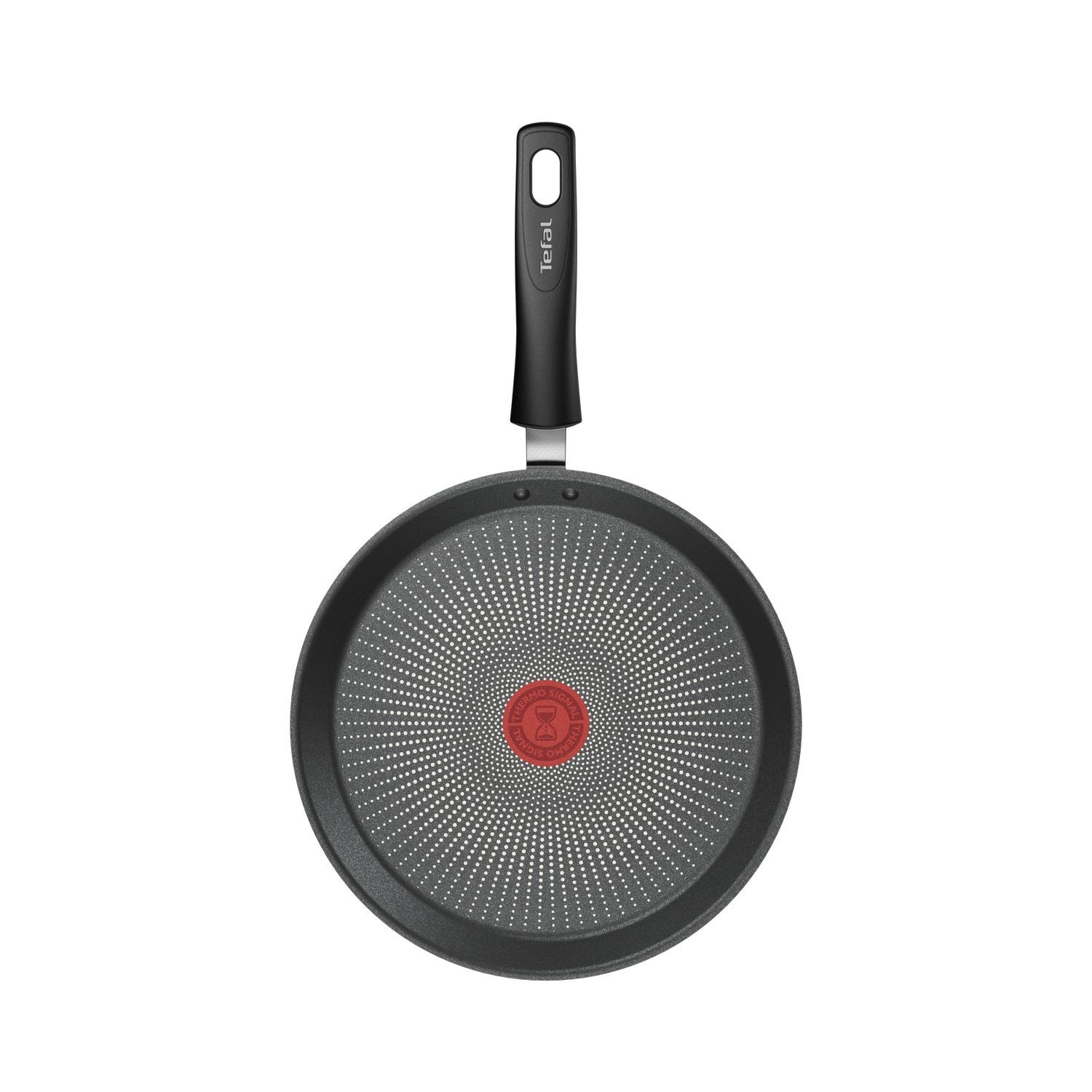 A black frying pan with a long handle. The pan has a non-stick surface and a red circle in the center.