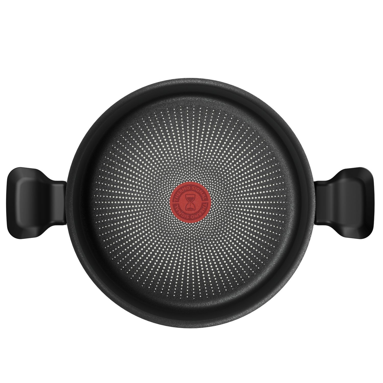 A black pan with two handles. It has a non-stick surface and a red circle in the center.