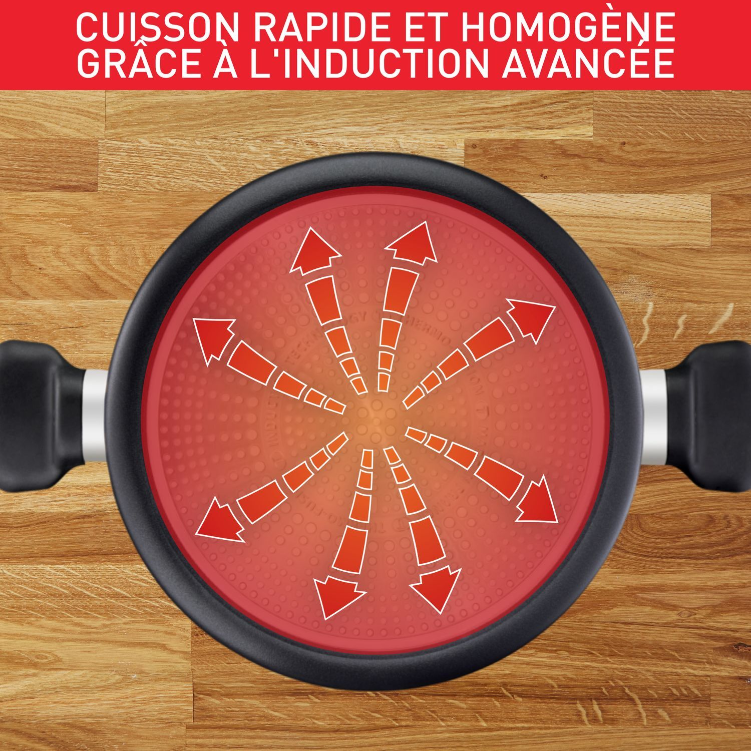 Casserole noire avec intérieur rouge, indiquant la répartition de la chaleur avec des flèches.