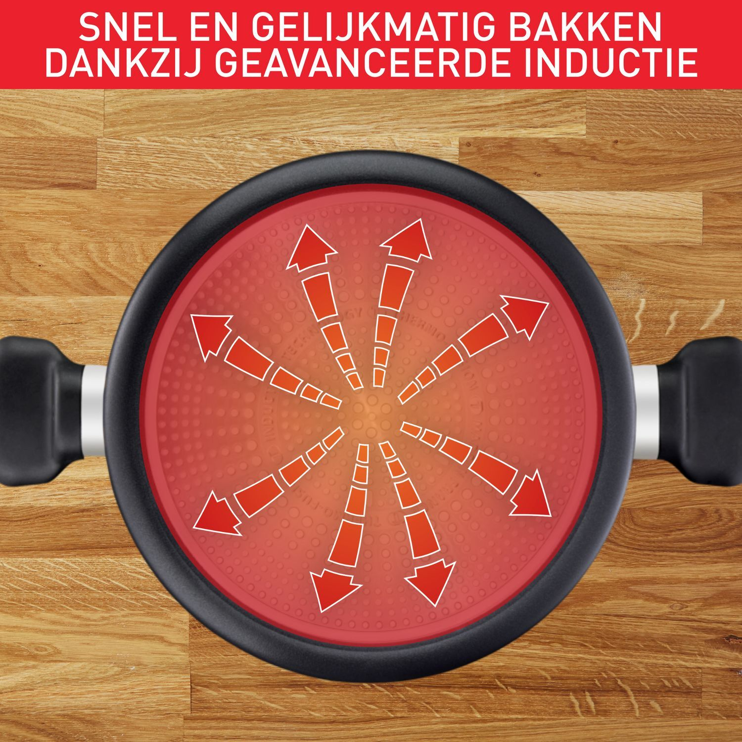 Close-up of a black frying pan, with arrows indicating heat distribution.