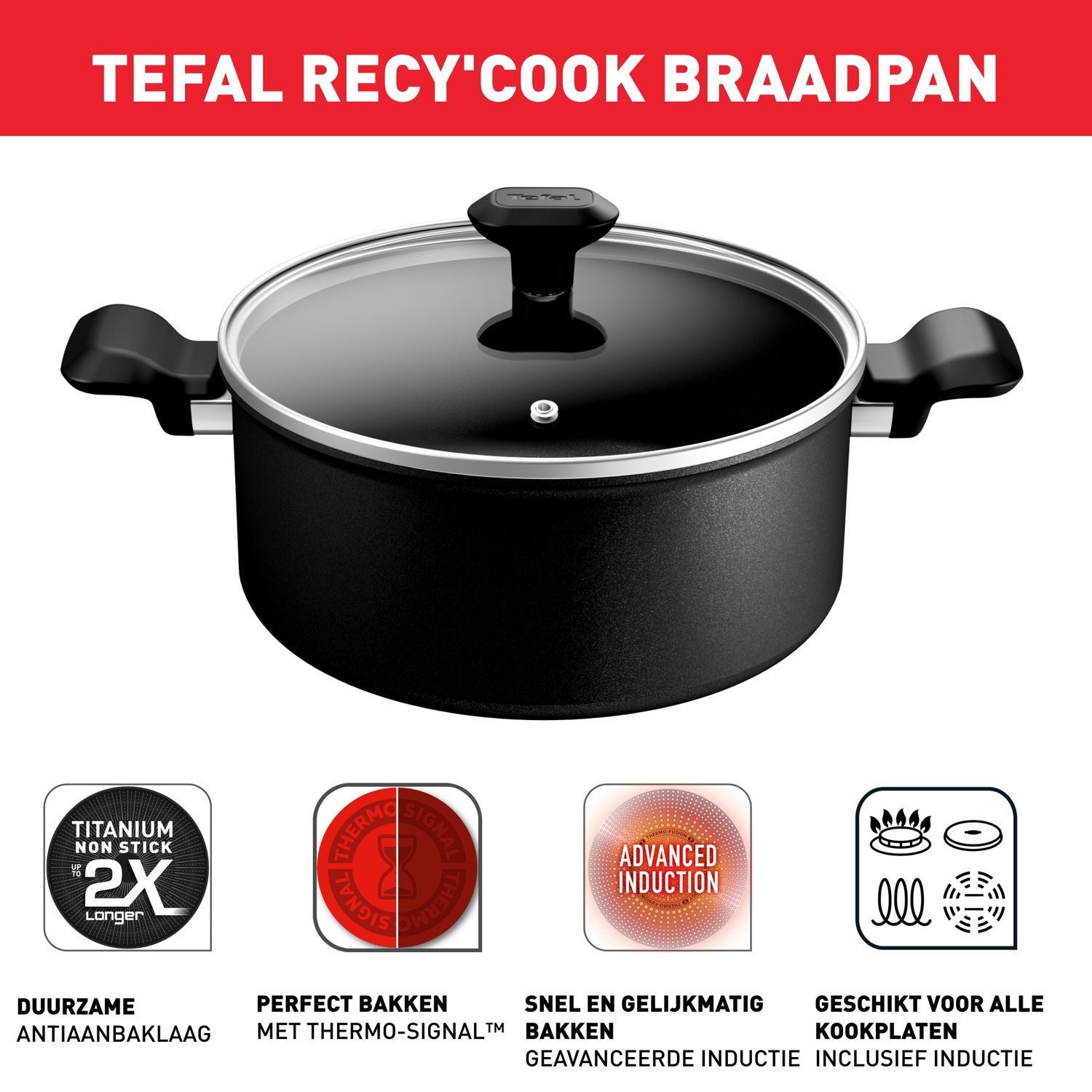 Black cooking pot with a glass lid, placed on a white surface with text.