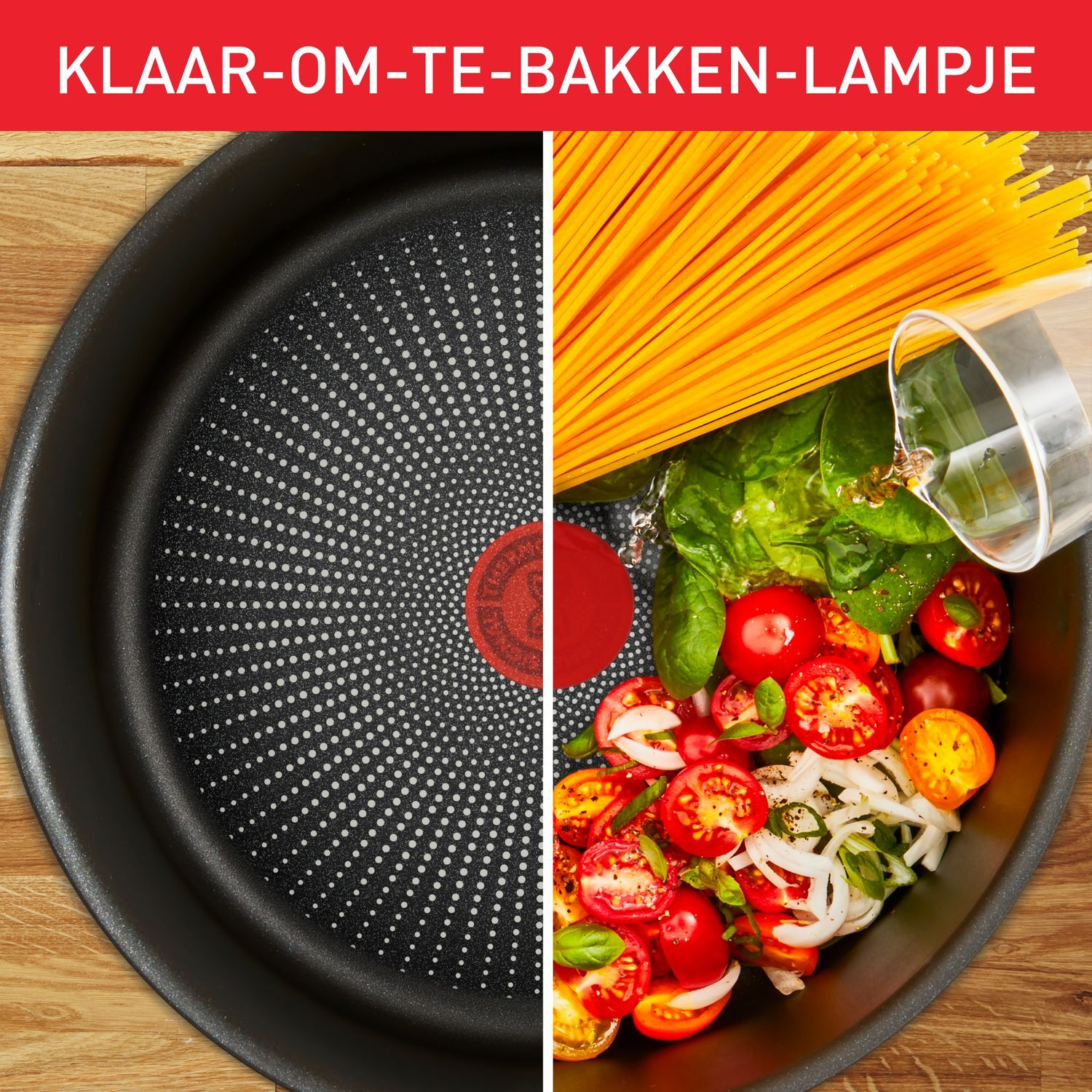 A frying pan with a red circle and dots is seen next to ingredients for pasta.