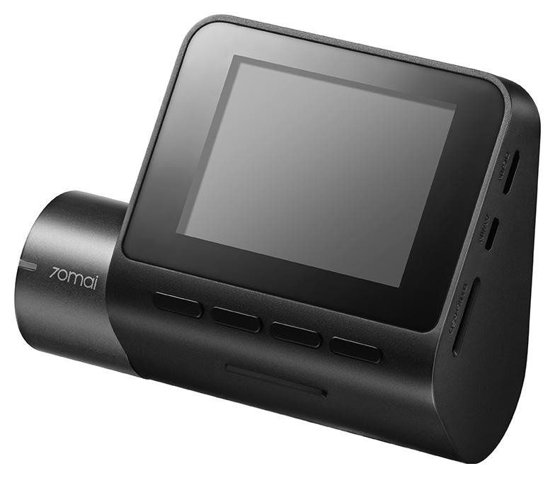 Czarna kamera samochodowa 70mai z ekranem, przyciskami bocznymi i obiektywem.