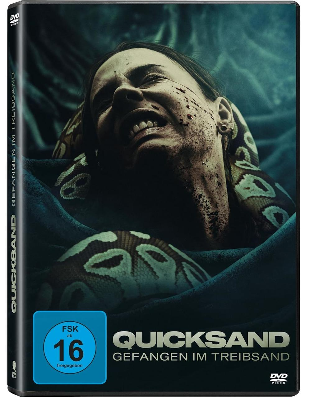 DVD-Hülle für den Film Quicksand. Eine Person in blauem Tuch ist mit Blut bedeckt.