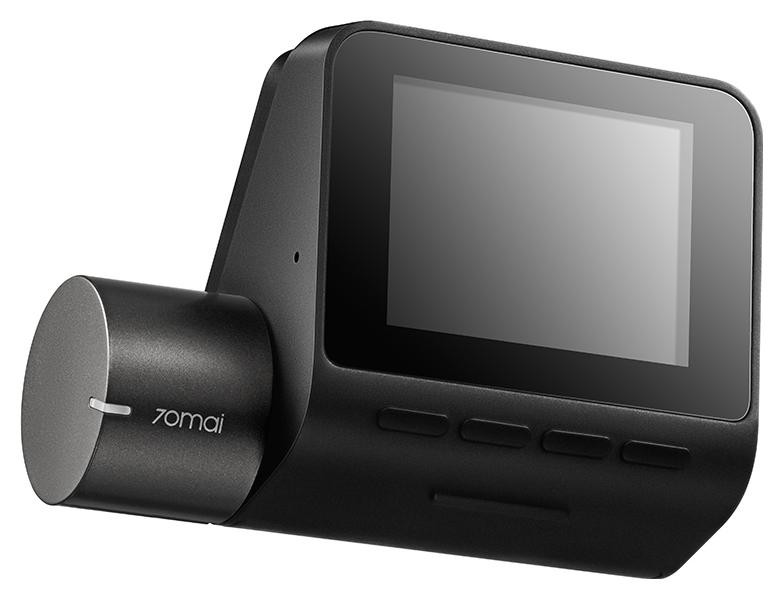 Czarna kamera samochodowa z ekranem i cylindrycznym obiektywem. Białe tło.