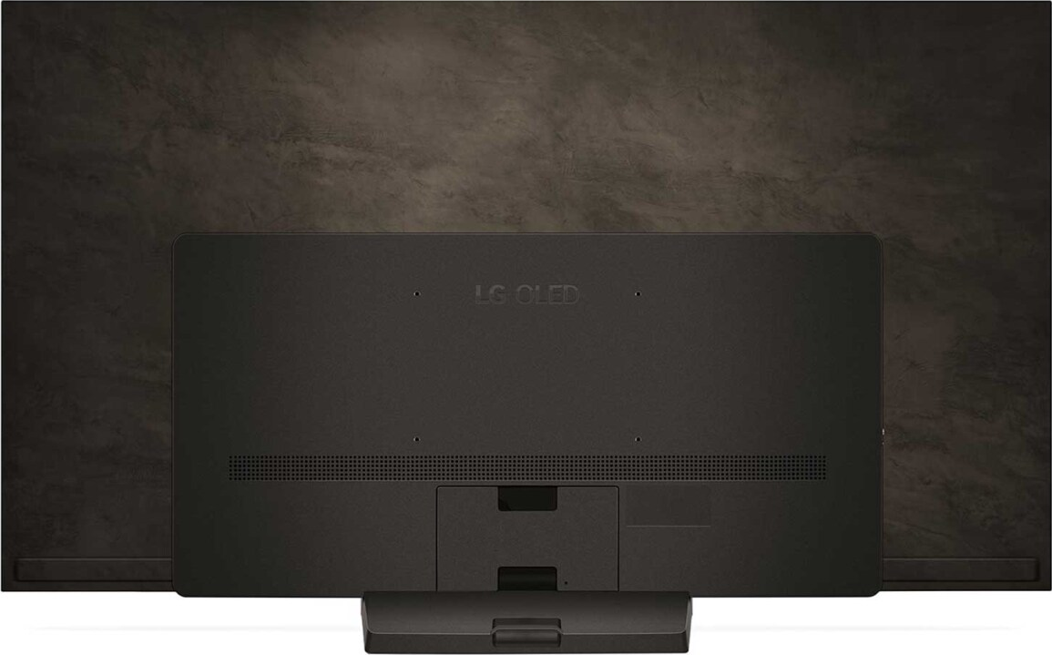 Rückseite eines großen, dunkel gefärbten Fernsehers mit Ständer. LG OLED-Logo ist sichtbar.