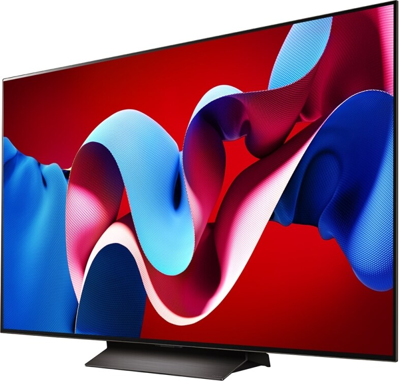 Fernseher mit dynamischem Wellenmuster auf rotem Hintergrund.