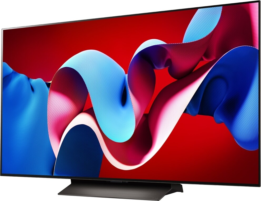 Großer Fernseher, der abstrakte fließende Formen in Blau, Rot und Weiß vor rotem Hintergrund zeigt.