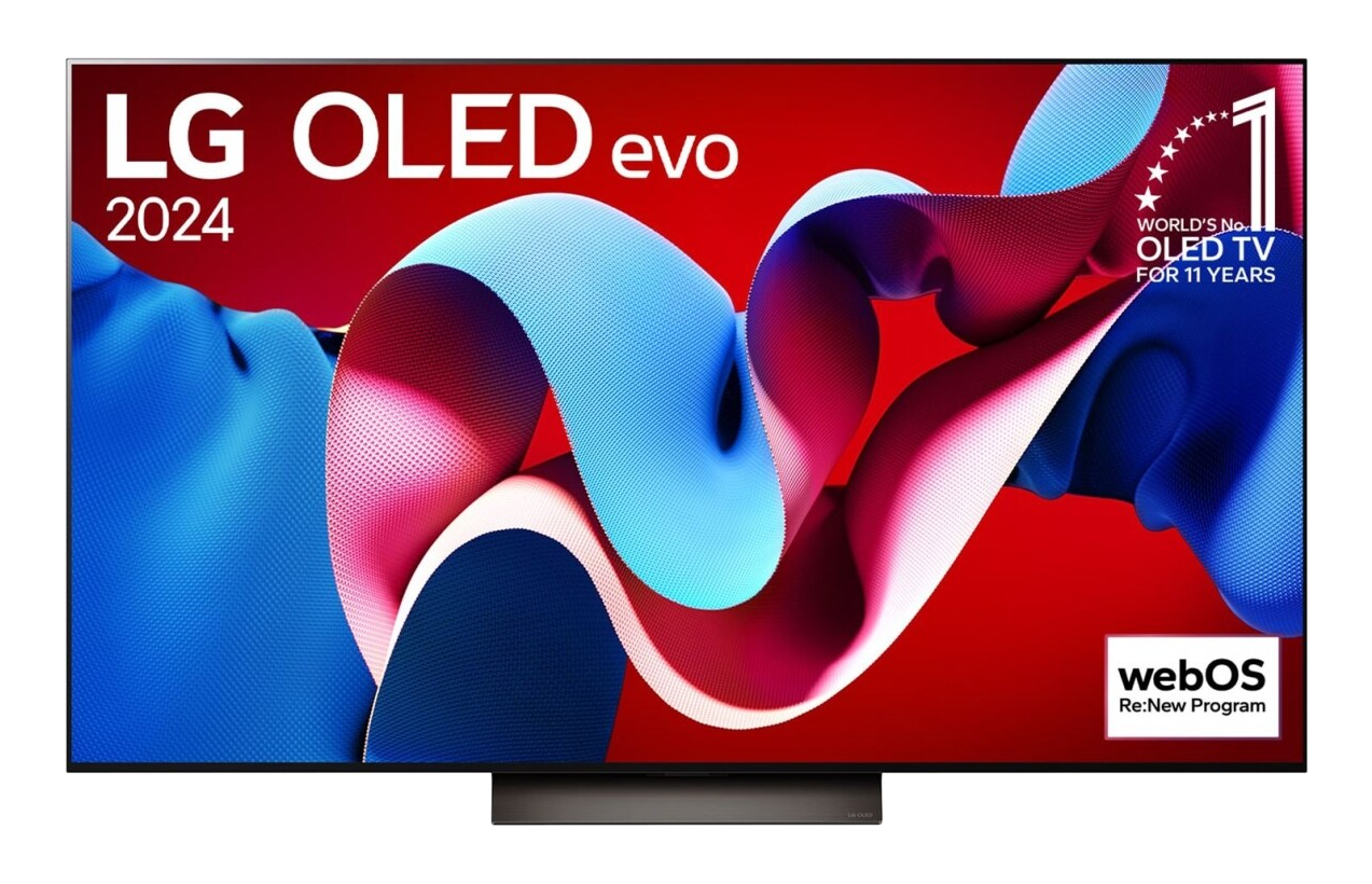 Grande TV LG OLED con design astratto rosso, blu e bianco sullo schermo.