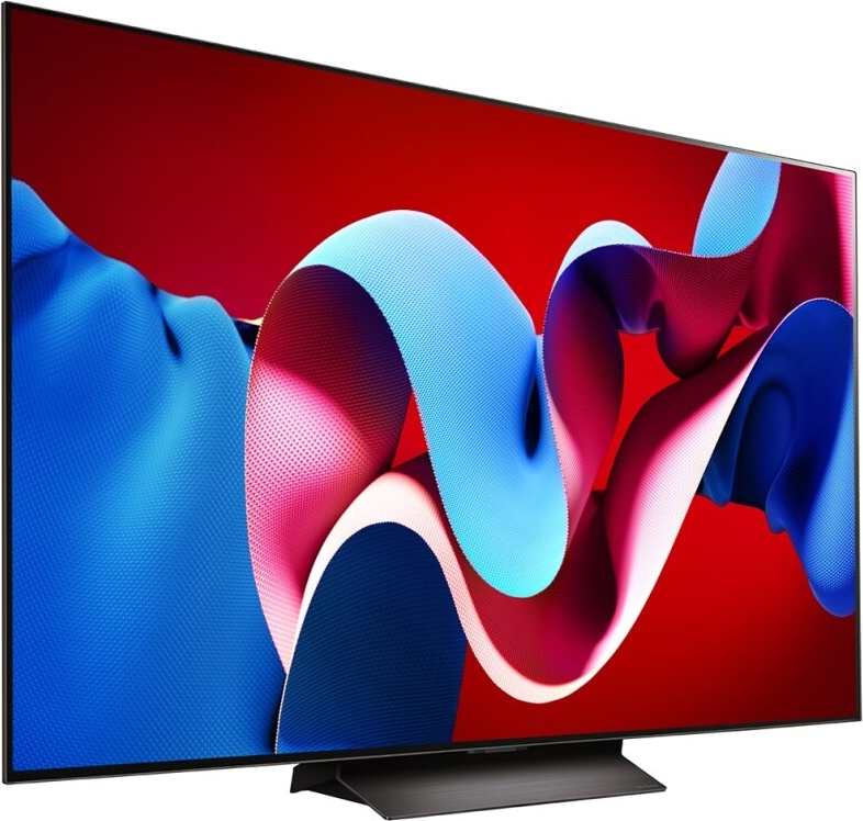 Uno schermo TV moderno che mostra arte astratta. L'arte presenta forme vorticose in blu, rosa e rosso su sfondo rosso.