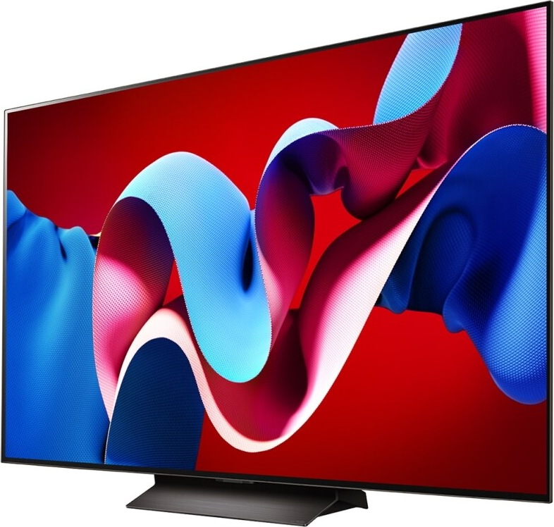 Grande schermo TV che mostra forme colorate astratte.