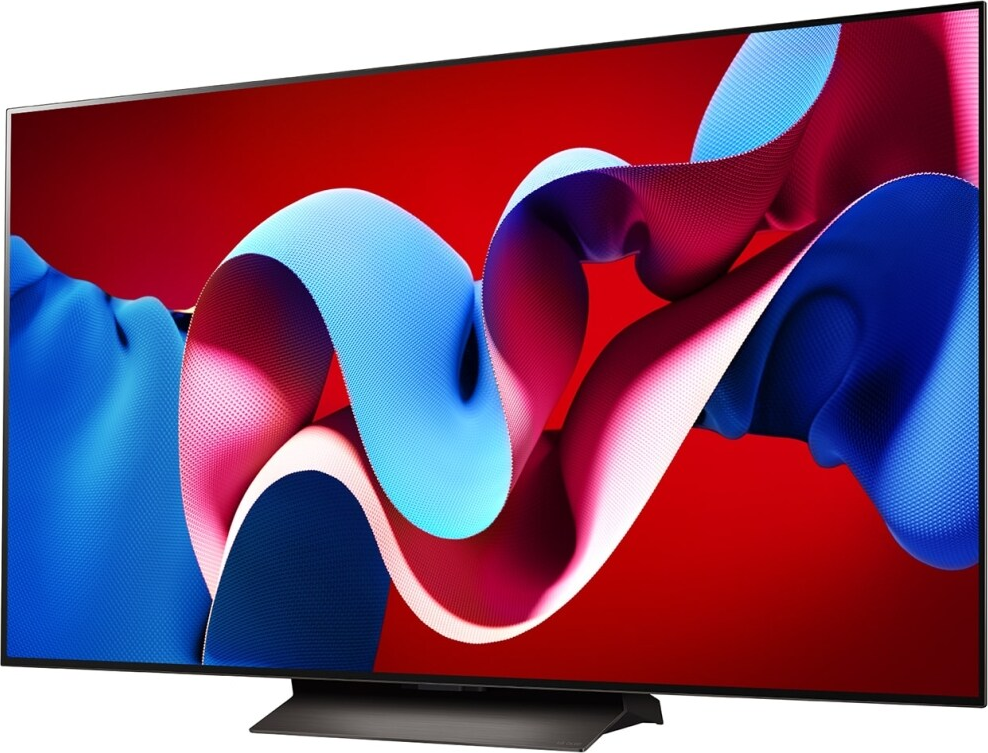 TV moderno su un supporto, che mostra un design astratto rosso e blu.