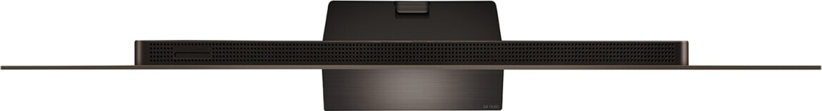 TV dall'alto, uno schermo nero con una cornice sottile e un supporto.