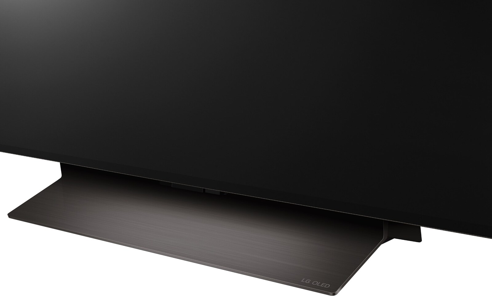 Base TV LG OLED, primo piano, grigio scuro, con logo in basso.