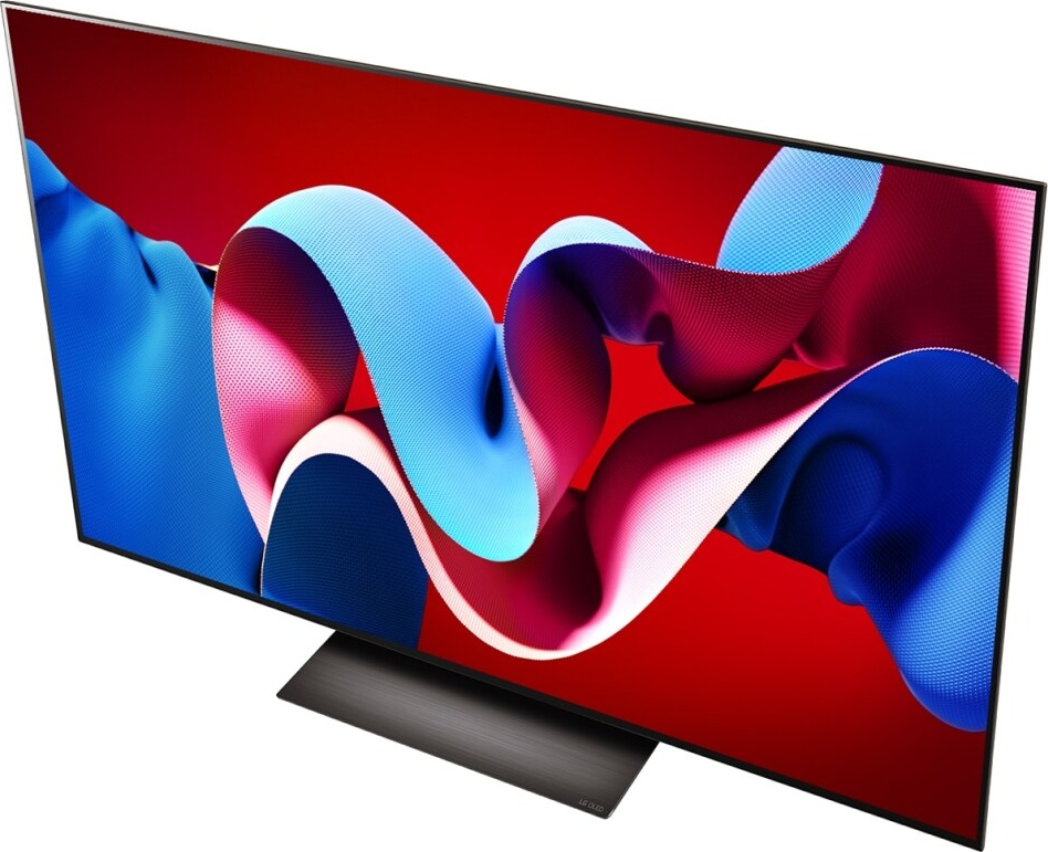 Vue de dessus d'une télévision moderne avec un affichage abstrait rouge et bleu.
