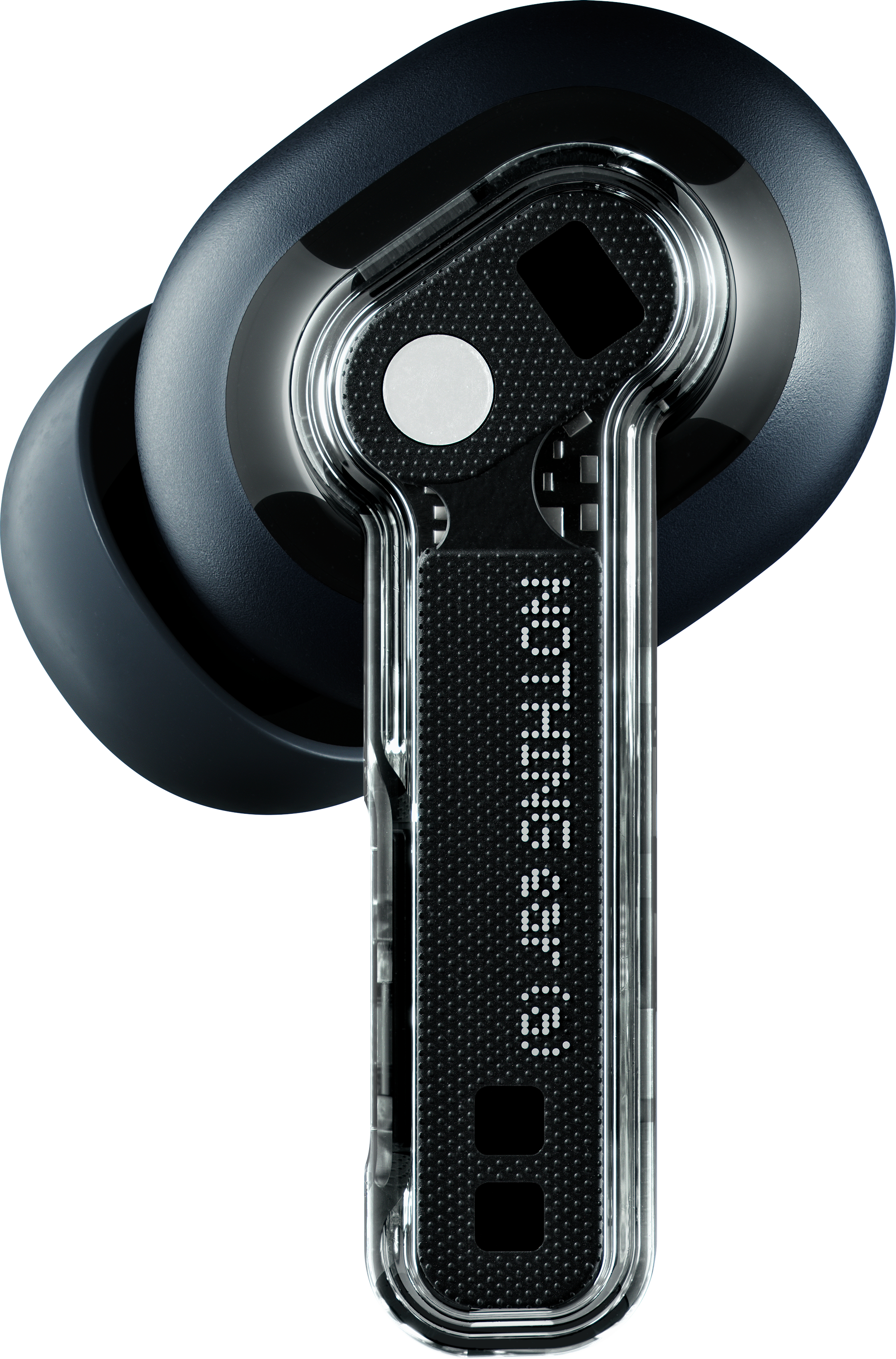 Auricolare nero Nothing con corpo trasparente.
