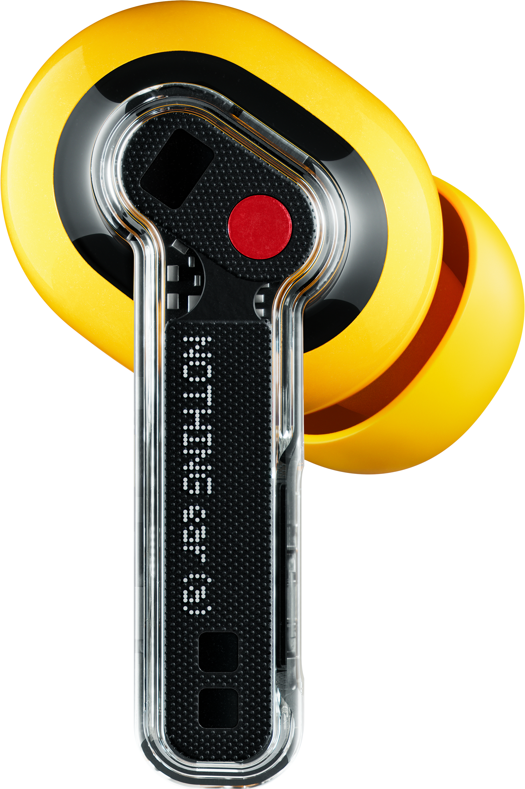Écouteurs jaunes et noirs avec bouton rouge. L'écouteur a un boîtier extérieur transparent.