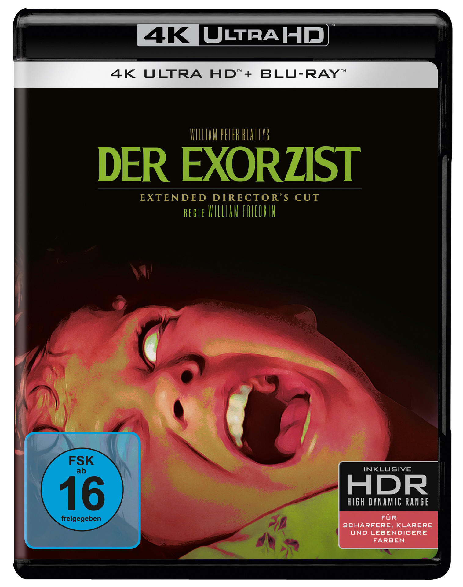 DVD-Cover für den Film 'Der Exorzist'. Ein Gesicht voller Schrecken, dunkler Hintergrund, Text und Logo.