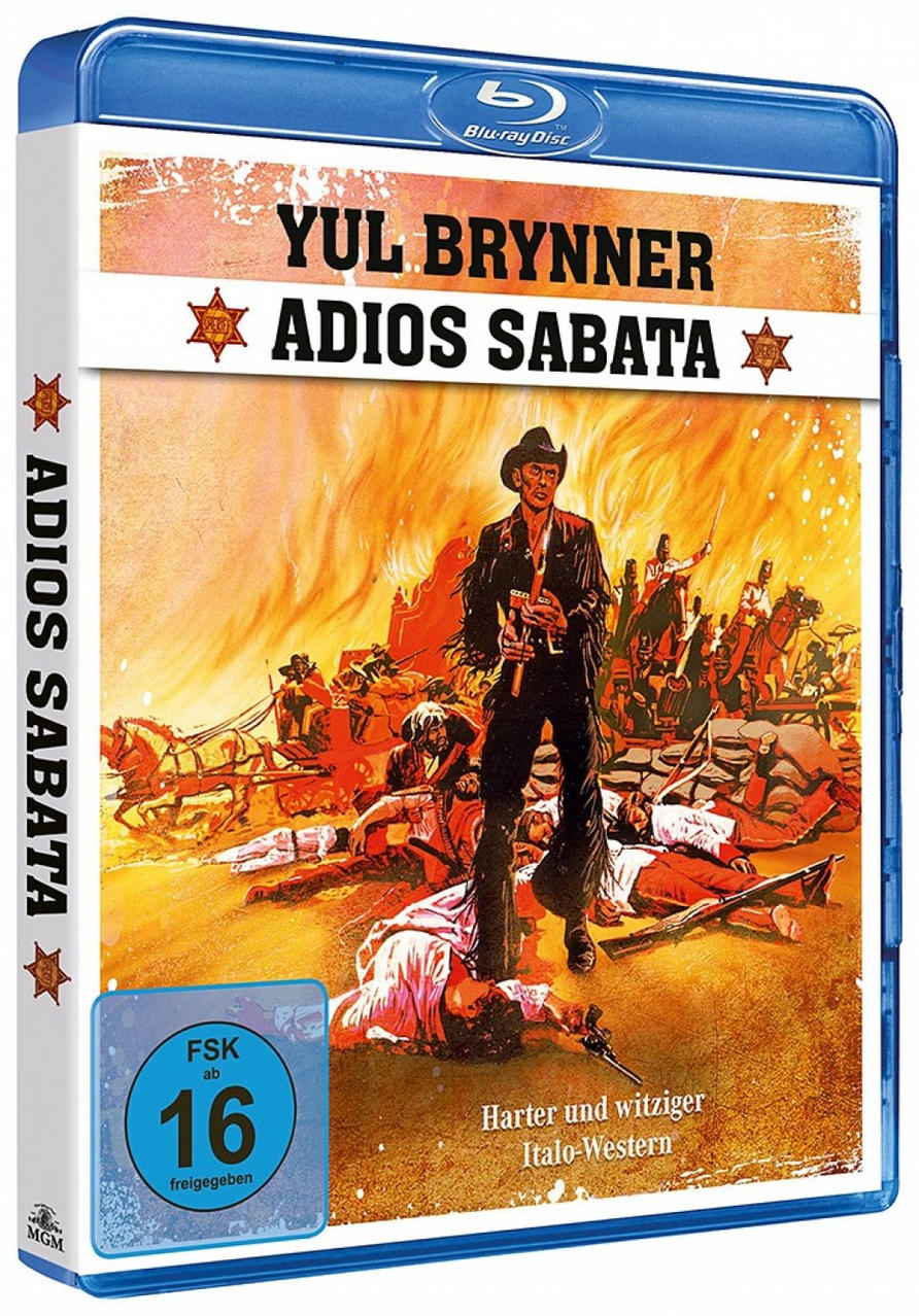 Blu-ray-Disc-Hülle für den Film 'Adios Sabata'. Mit Yul Brynner. Action-Szene mit Schüssen und Pferden.