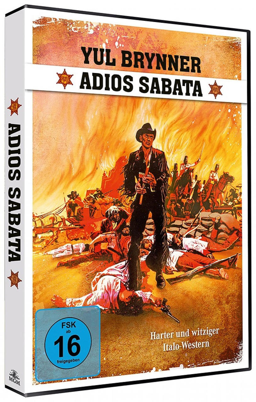 Blu-ray-Hülle des Films 'Adios Sabata' mit Yul Brynner auf dem Cover. Eine Western-Szene mit Schüssen und Pferden.
