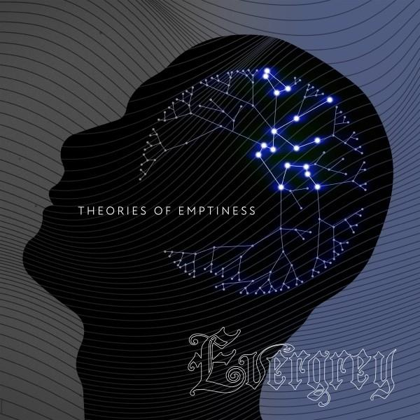 Kopf-Silhouette mit Gehirn-Netzwerk, das Licht aussendet; Text: 'Theories of Emptiness' und 'Evergrey'.