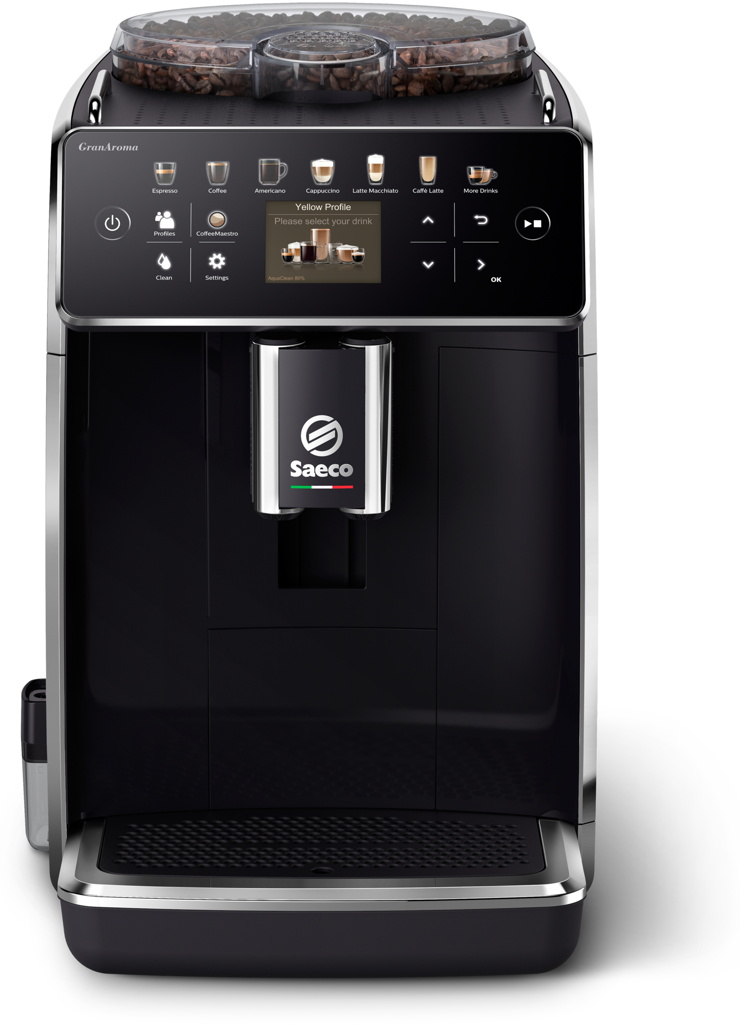 Eine schwarz-silberne Kaffeemaschine mit Kaffeebohnen oben drauf.