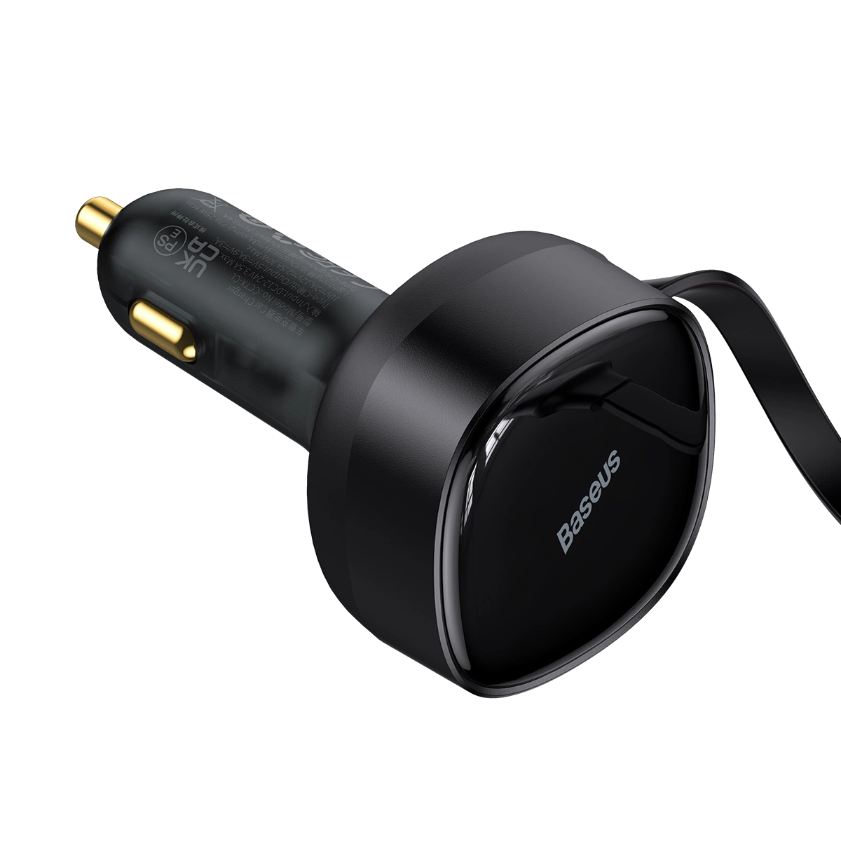 USB-C kablolu siyah ve altın renkli araç şarj cihazı. "Baseus" marka adı görünür.
