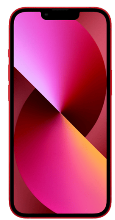 Kırmızı bir iPhone, pembe, macenta ve turuncudan oluşan girdaplı bir degrade görüntüler. Telefonun kırmızı bir çerçevesi ve üstte siyah bir çentiği var.