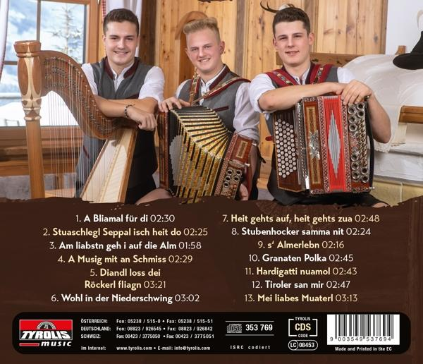 Drei Männer in traditioneller österreichischer Kleidung. Einer mit Harfe, einer mit Akkordeon, einer mit Harmonika.