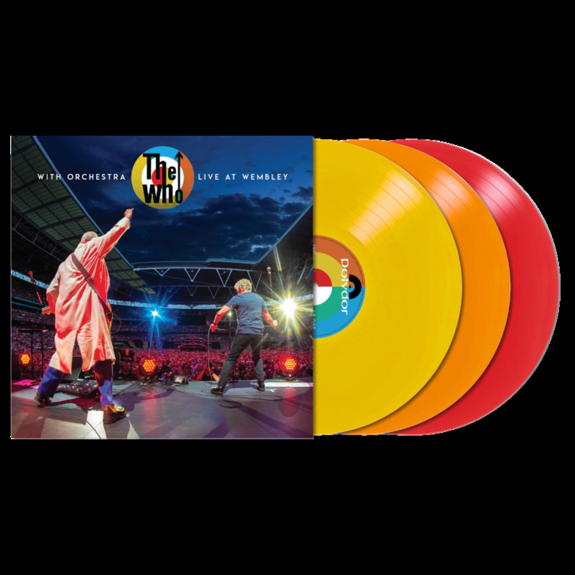 Albumcover und drei Schallplatten. Das Album zeigt die Band auf der Bühne, bunte Platten.