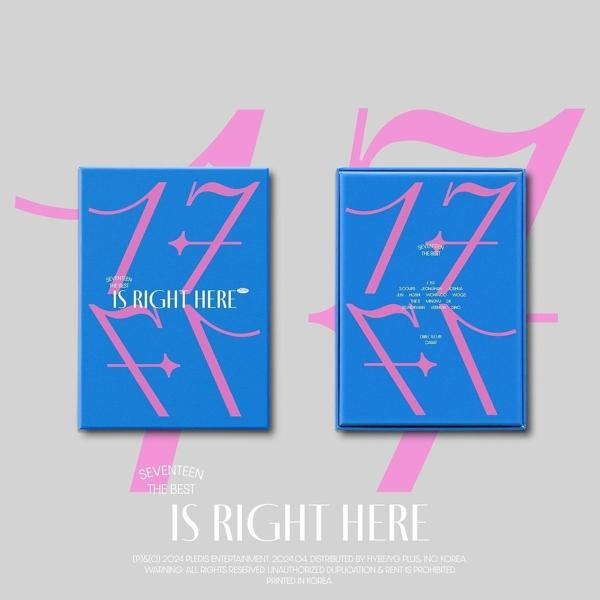 Twee blauwe cd-hoesjes met roze graphics en de tekst “SEVENTEEN IS RIGHT HERE”.