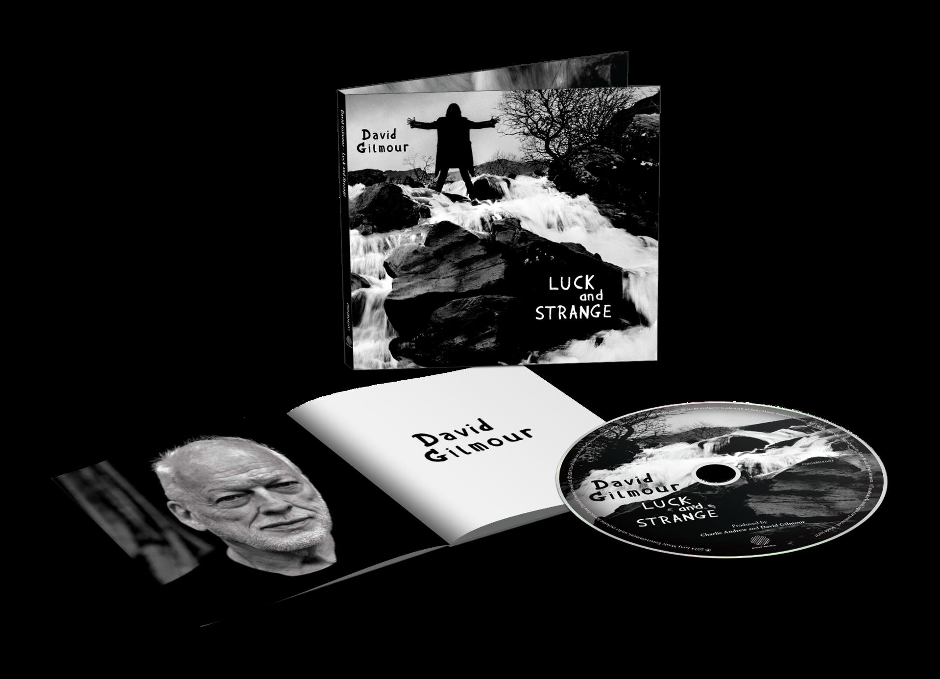 Album de David Gilmour, photos en noir et blanc, CD, livret, fond noir.