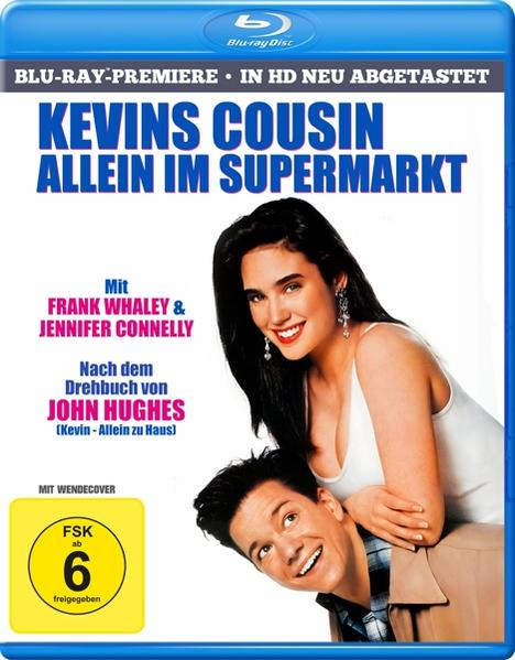 Blu-ray-Cover: Kevins Cousin. Zwei Personen, ein Mann und eine Frau. Text: Kevins Cousin Allein im Supermarkt.