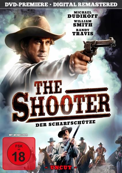 DVD-Cover für den Film 'The Shooter'. Ein Cowboy mit einer Waffe, andere Männer auf Pferden, Titeltext.