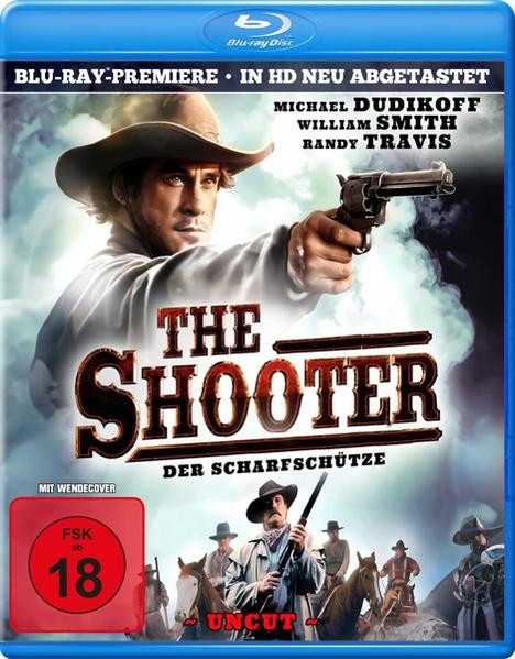 Blu-ray-Cover, Film 'The Shooter'. Cowboy mit Waffe, andere Figuren, Text. Blauer Hintergrund.