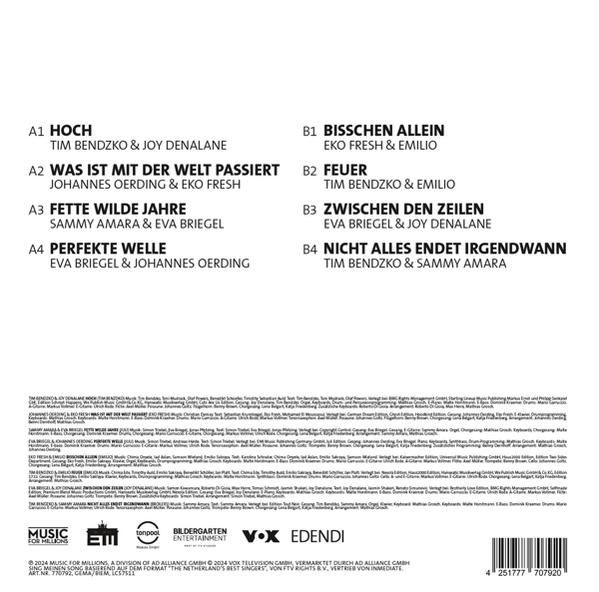 Rückseite einer CD mit Text. Enthält Titel, Songnamen und weitere Informationen über Musik.
