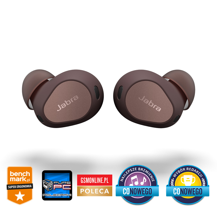Dwa brązowe słuchawki Jabra z logo i odznakami nagród.
