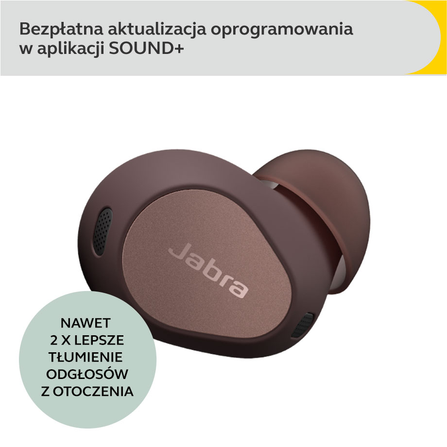 Słuchawki Jabra w etui ładującym. Tekst wskazuje na redukcję szumów. Tło jest białe.