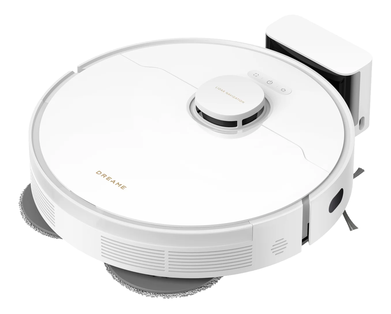 Aspirateur robot Dreame blanc, vue de dessus, forme circulaire, avec brosses grises et base de chargement.