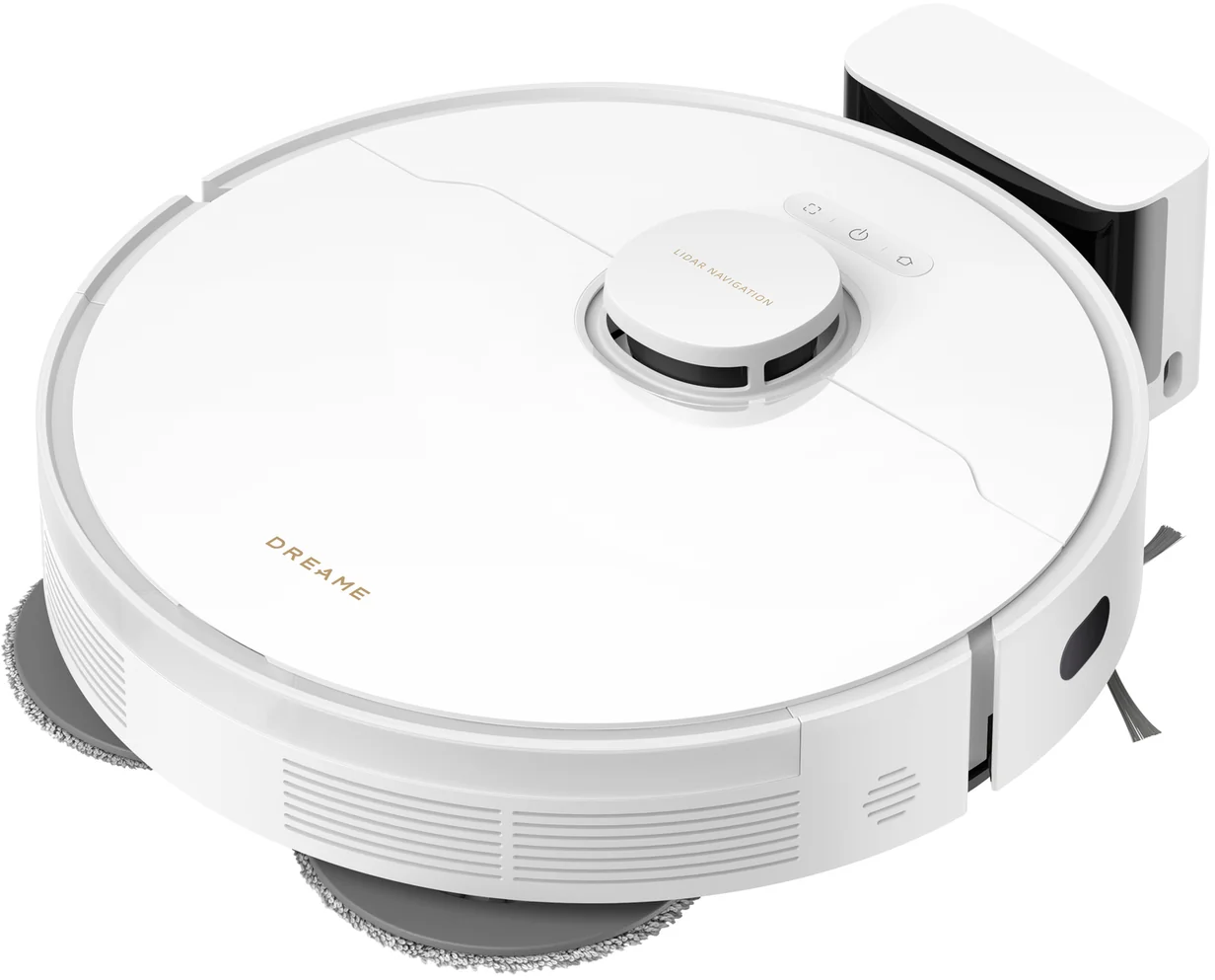 Un aspirateur robot blanc. Il a un design rond et deux tampons circulaires.